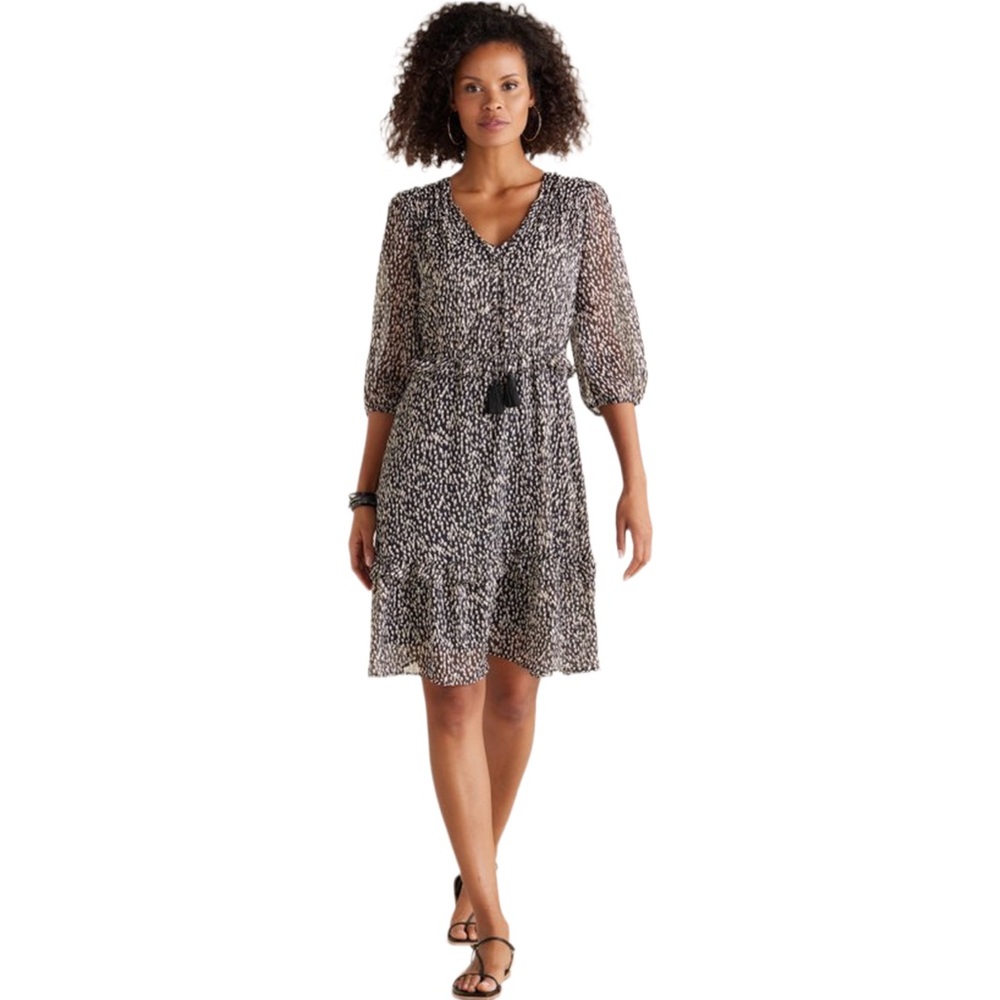 Soft Surroundings Hazel Dress Dotted Print V-neck Front Tassel Sz. Medium Petite